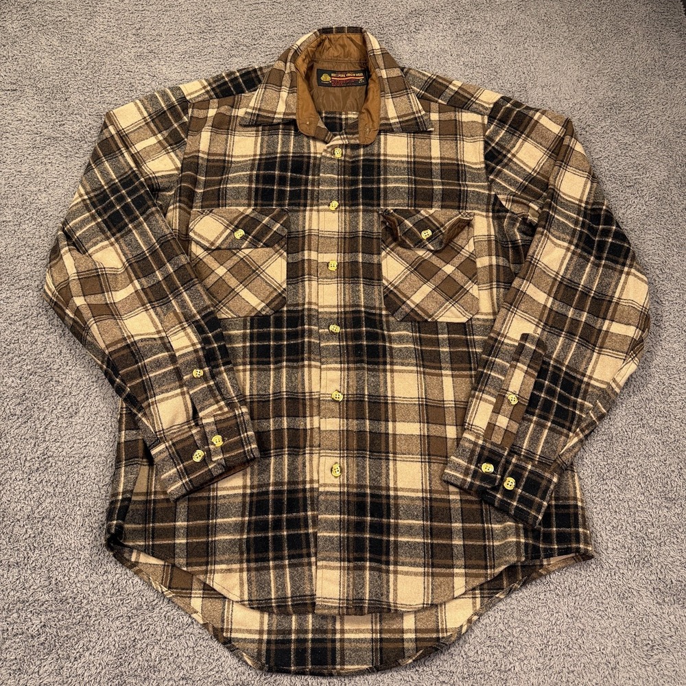 Vintage Montgomery Ward Shirt Mens Medium Brown‎ Plaid Wool Flannel Workwear 70s
